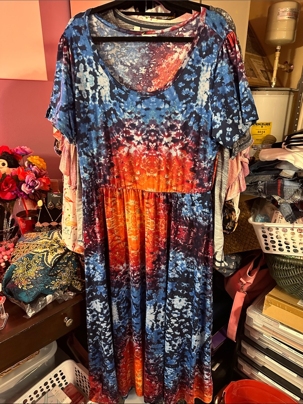 LuLaRoe Multicolor Tie-Dye Maxi Dress in Blue, Purple, Red